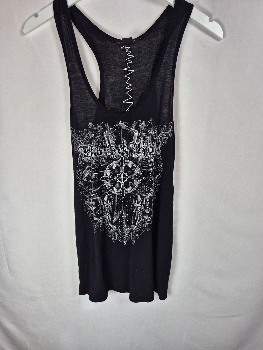 Rock & Roll Cowgirl Black Racerback Tank with Silver Graphic Cross Size M